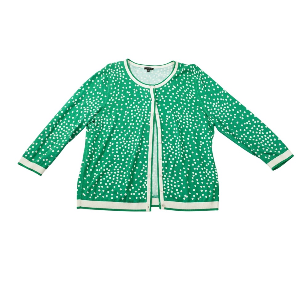 Talbots XL Bright Green White Polka Dot Button Front Cardigan Sweater Cotton Mix